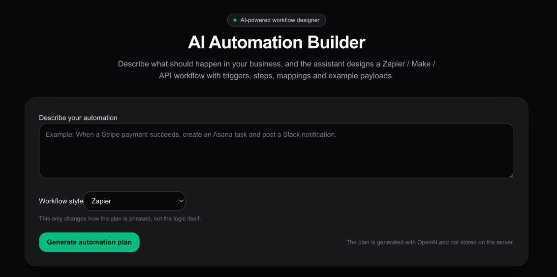 AI Automation Builder interface with an automation request field and workflow style selector.