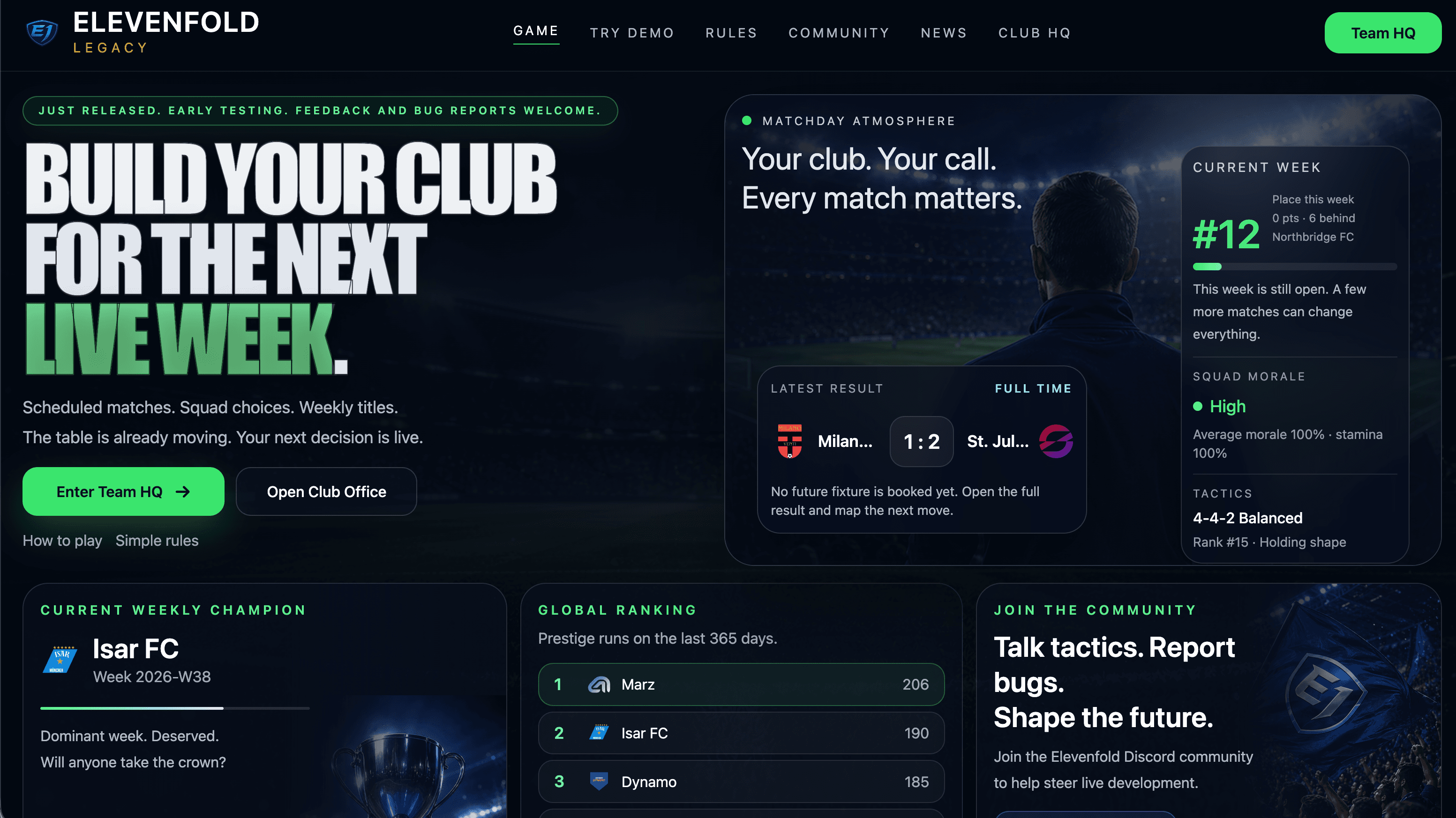 Elevenfold Legacy game interface showing club decisions, the current match week and global ranking.