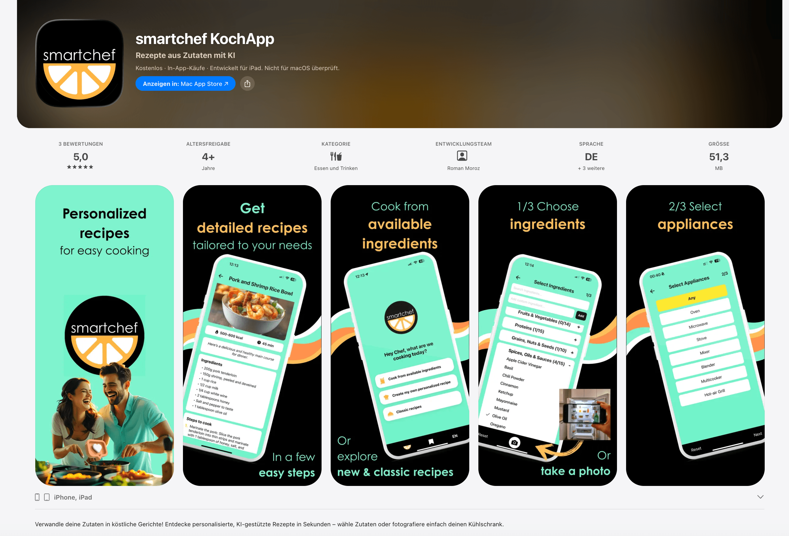 SmartChef App Store screenshots showing recipe, ingredient selection and appliance selection screens.