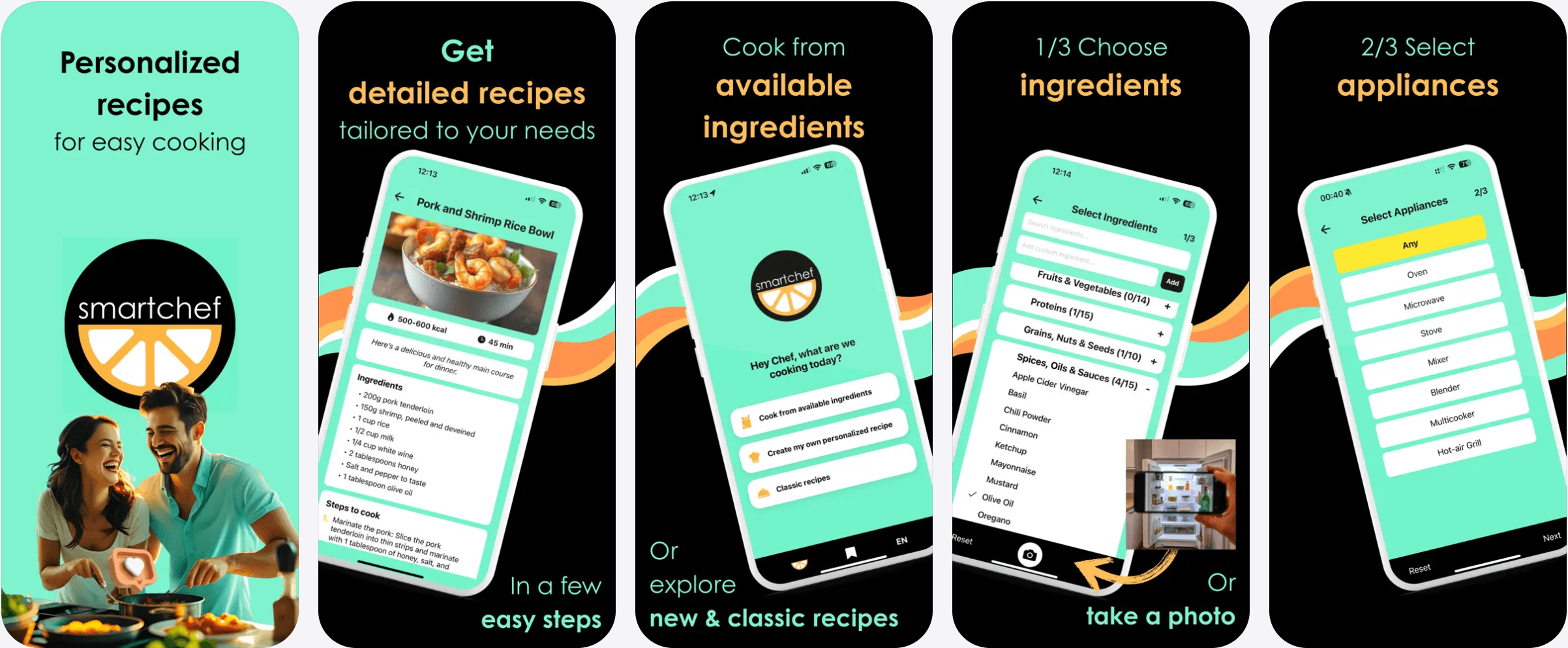 Five SmartChef App Store preview panels showing recipes, ingredient selection and appliance options.
